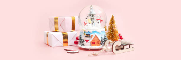 Banner, Christmas composition, gifts on pastel pink background, copy space