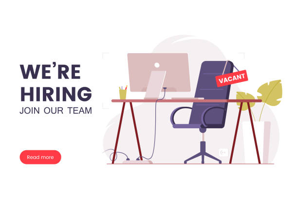 ilustrações de stock, clip art, desenhos animados e ícones de job offer banner design. workplace in the office with an empty chair and a vacancy sign. search for employees in an it company. table with computer and chair. we're hiring poster. vector illustration - recruitment