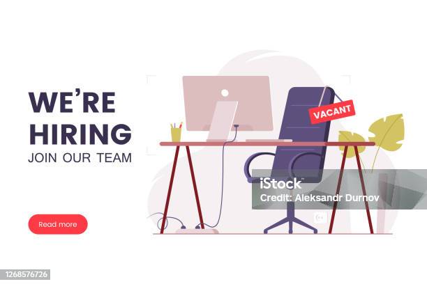 Job Offer Banner Design Workplace In The Office With An Empty Chair And A Vacancy Sign Search For Employees In An It Company Table With Computer And Chair Were Hiring Poster Vector Illustration Stock Illustration - Download Image Now