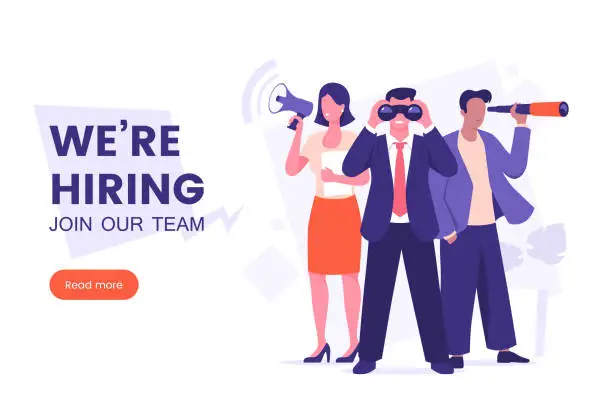 Vector illustration of We're hiring banner design. Office workers looking for a new employee. Job offer. Join our team poster. Vacancy banner template. Recruitment process. HR team vector illustration.