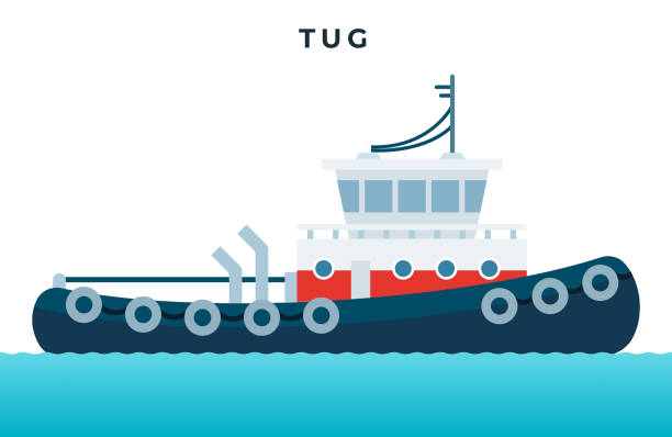 blauer und weißer schlepper auf dem wellenvektor-symbol flach isoliert. - tugboat stock-grafiken, -clipart, -cartoons und -symbole