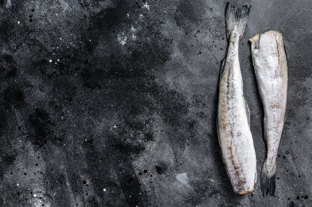 istock Raw Pollock fish ready to cook. Black background. Top view. Copy space 1268578304