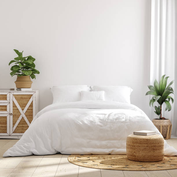 bianco accogliente casa colonica camera da letto interno, muro mockup - poster bed foto e immagini stock