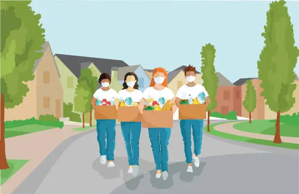 Vector illustration of Illustration of a group of volunteers delivering food to people in need during the pandemic