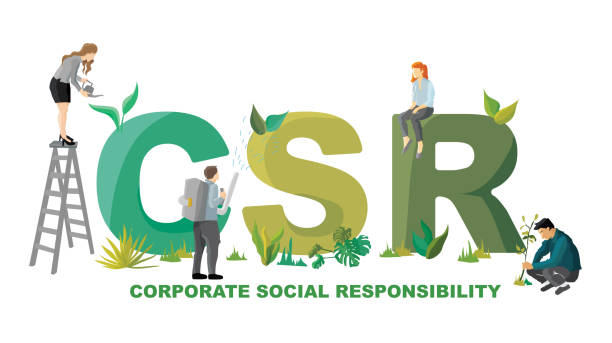 Illustration of Corporate Social Responsibility Illustration of business people building Corporate Social Responsibility together - sustainability concepts sustainability corporate stock illustrations