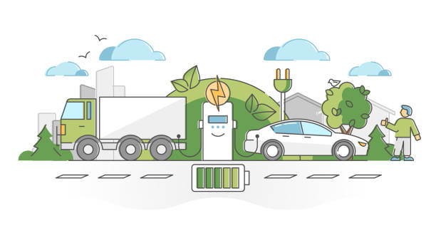 Electric vehicle charging with plugged electricity socket outline concept Electric vehicle charging with plugged electricity socket outline concept. Alternative energy for green ecological cars with zero emissions vector illustration. Renewable power for accumulator charge. zero emission vehicle stock illustrations