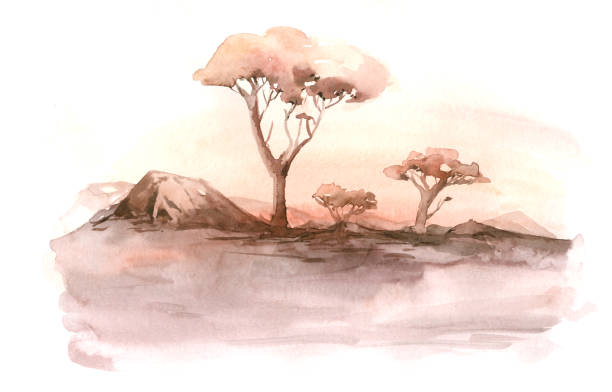 istock Watercolor landscape: african desert sunrise. Hand painted nature view with Acacia trees. Beautiful safari scene for wedding invitation pre-made card design 1268591775