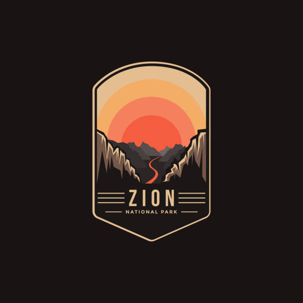 emblem-patch-logo-illustration des zion-nationalparks auf dunklem hintergrund - grand canyon stock-grafiken, -clipart, -cartoons und -symbole