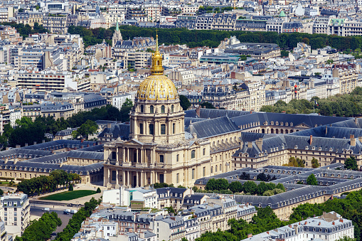 Paris, France - July 09 2020: Aerial shot of the Hotel des Invalides from Tour Montparnasse observation desk - Paris, France