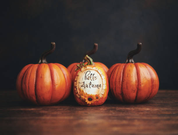 istock Still life Thanksgiving background with vibrant pumpkins and Hello Autumn message 1268604468