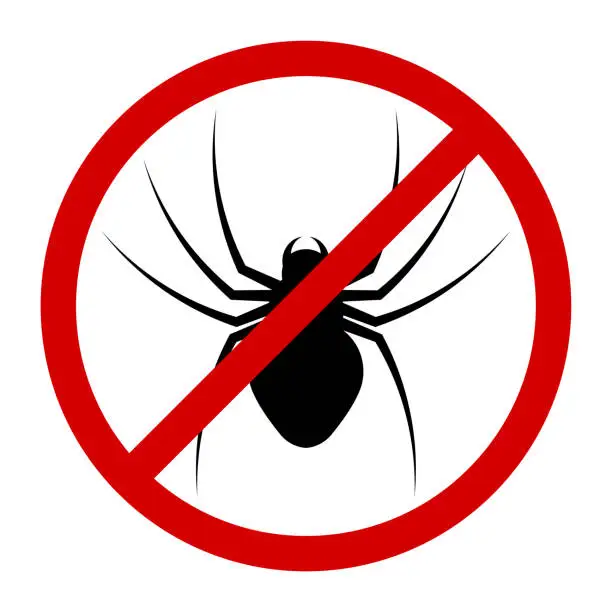 Vector illustration of warning round sign about danger of poisonous insects. Attack of spider on humans. Isolated vector