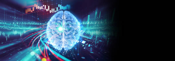 3d illustration of human brain on artificial technology element banner banner of Artificial intelligence and deep learning concept, human brain on technology element ,3d illustration telegram machine photos stock pictures, royalty-free photos & images
