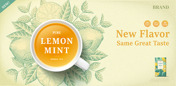 Lemon mint tea banner ads with engraving ingredients background, 3d illustration top view tea cup