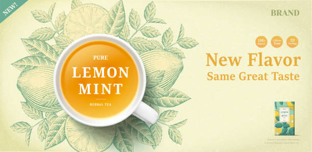 Engraving lemon mint tea banner ads Lemon mint tea banner ads with engraving ingredients background, 3d illustration top view tea cup tea set stock illustrations