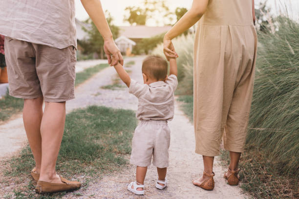 Happy asian baby boy learning to walk first steps with mother and father help at outdoor Happy asian baby boy learning to walk first steps with mother and father help at outdoor,Back view kid holding fathers hand stock pictures, royalty-free photos & images