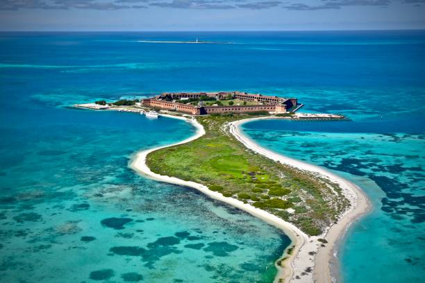 Flying above Fort Jefferson Seaplane photography in the Dry Tortugas panorama of fort jefferson stock pictures, royalty-free photos & images
