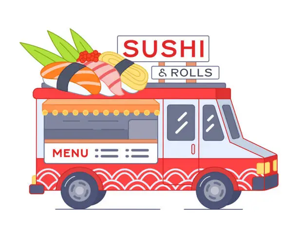Vector illustration of Urban Sushi bar - little truck with huge rolls on roof. Japanese street food in van format