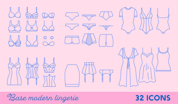 illustrations, cliparts, dessins animés et icônes de lingerie - ensemble d’icônes de contour isolés. éléments pour l’infographie, les médias sociaux, la conception web. sous-vêtements féminins modernes - bra lingerie clothesline underwear