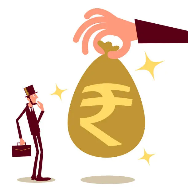 Vector illustration of Big hand giving (paying) a businessman (entrepreneur) money bag with Indian Rupee sign; cash handout, universal basic income, unexpected good fortune