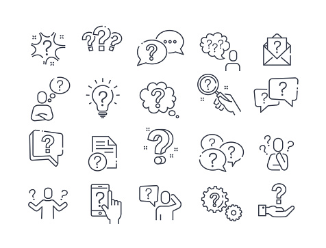Large set of question, query or confusion icons with a variety of question marks for black and white vector design elements