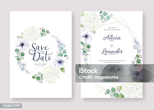 istock Set for Wedding Invitation, save the date card template. Vector. Anemone flower, silver dollar leaves. 1268617297