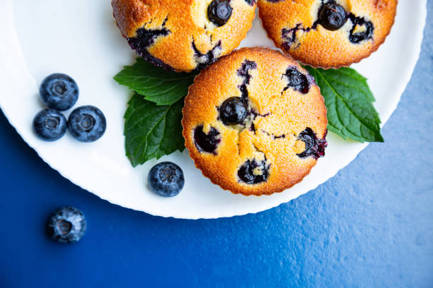 черничные кексы в белой тарелке на синем фоне - muffin cake cupcake blueberry muffin стоковые фото и изображения