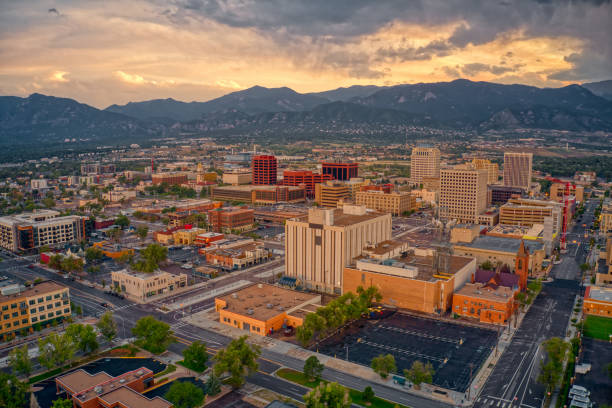 Aerial View of Colorado Springs at Dusk Aerial View of Colorado Springs at Dusk front range mountain range stock pictures, royalty-free photos & images