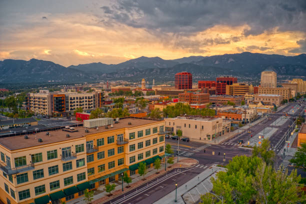 Aerial View of Colorado Springs at Dusk Aerial View of Colorado Springs at Dusk colorado springs stock pictures, royalty-free photos & images