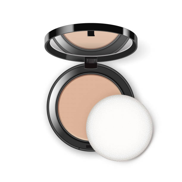 Vector Face Cosmetic Makeup Powder in Black Round Plastic Case with Mirror and Applicator Top View Isolated on White Background