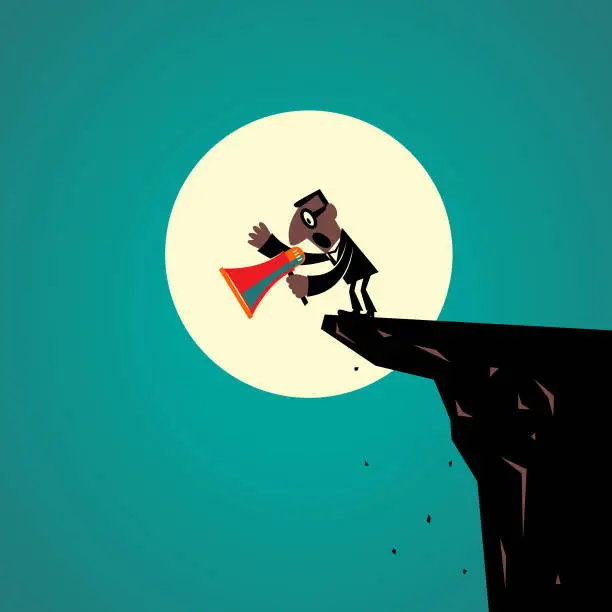 Vector illustration of African-american ethnicity businessman looks down from a cliff edge and shouts with a megaphone to let out his emotion to improve the mental wellbeing; Lonely At The Top; The leader try to handle loneliness in leadership