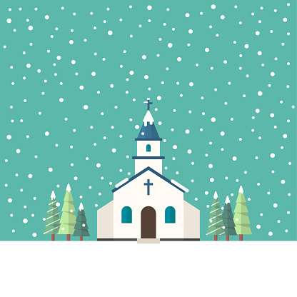 Church flat style in winter season. Vector illustration