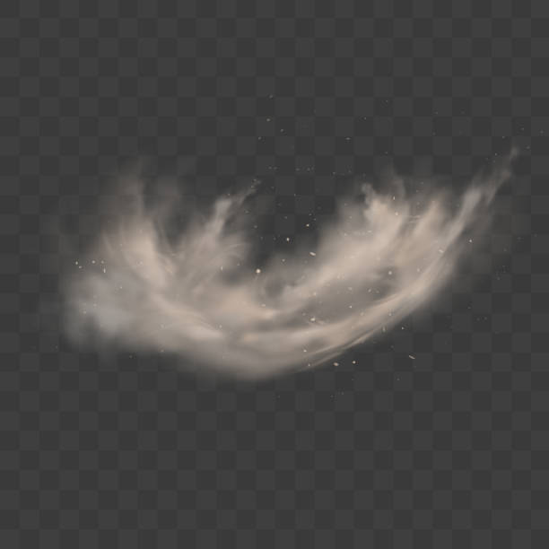 ilustraciones, imágenes clip art, dibujos animados e iconos de stock de nube polvorienta. humo con arena, piedras y volar sucio, partículas de polvo de suelo aisladas sobre fondo transparente. concepto de contaminación atmosférica. ilustración vectorial realista - tempestad-de-arena