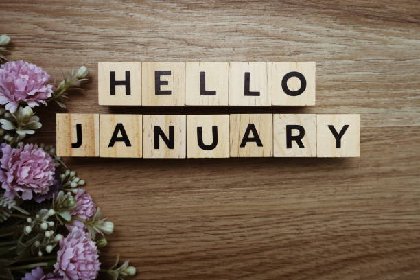 istock Hello January alphabet letters on wooden background 1268634059