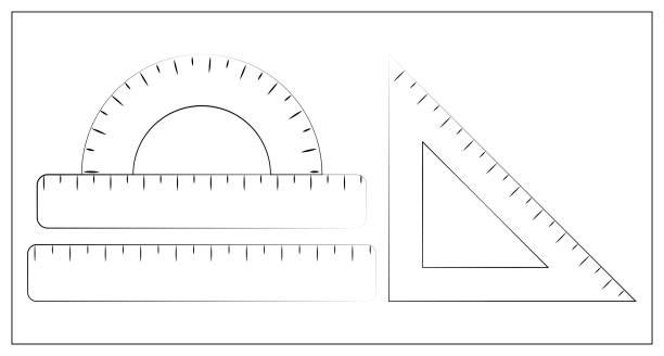 istock Vector outline illustration of ruler, straightedge, triangle ruler, protractor. School supplies. Measurement tool. 1268634684