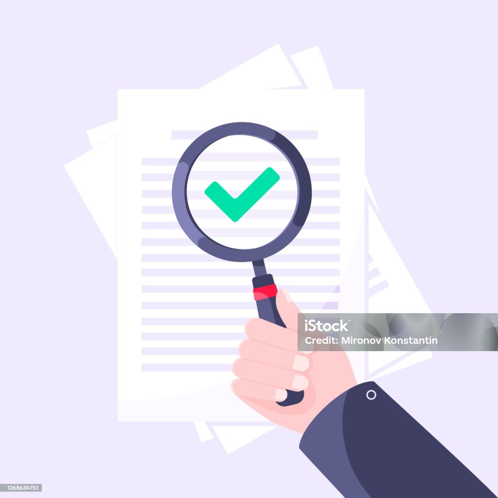Visual Check Verification Example Text Document Verification Concept With Hand And Magnifier Paper Sheets And ...