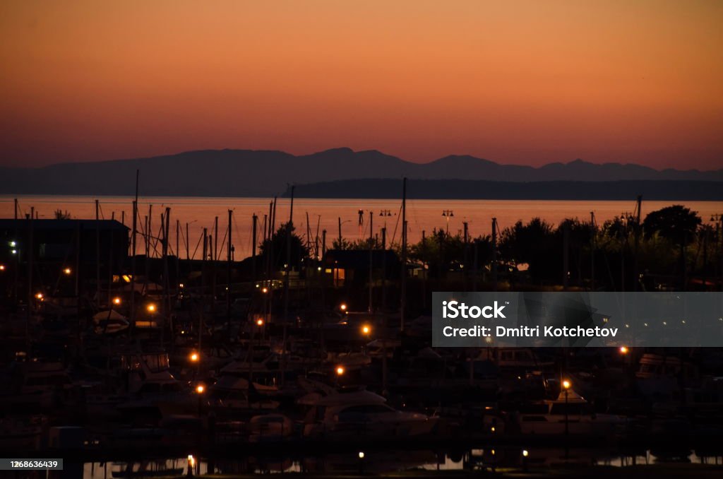 Summer night sunset  in Blaine marina, Washington. Washington State Stock Photo