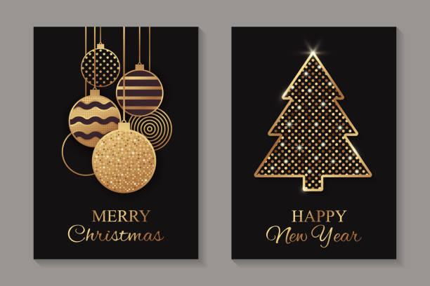 ilustrações de stock, clip art, desenhos animados e ícones de merry christmas or happy new year greeting card templates. - xmas modern trees night