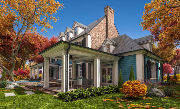 istock 3d rendering of modern classic house in colonial style in autumn day 1268640021