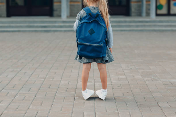 istock Cute little girl with backpack going back to school 1268640106