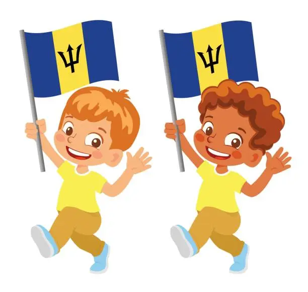 Vector illustration of Child holding Barbados flag