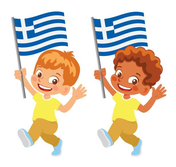 dziecko trzymające flagę grecji - greek culture greek flag greece little boys stock illustrations