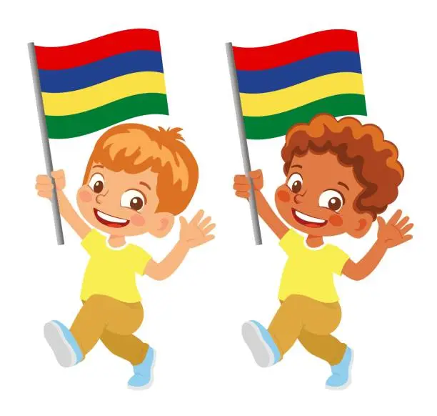 Vector illustration of Child holding Mauritius flag