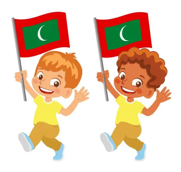 Vector illustration of Child holding Maldives flag