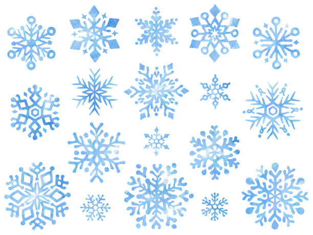 ilustraciones, imágenes clip art, dibujos animados e iconos de stock de conjunto de iconos de ilustración estilo acuarela de copos de nieve - snowflakes