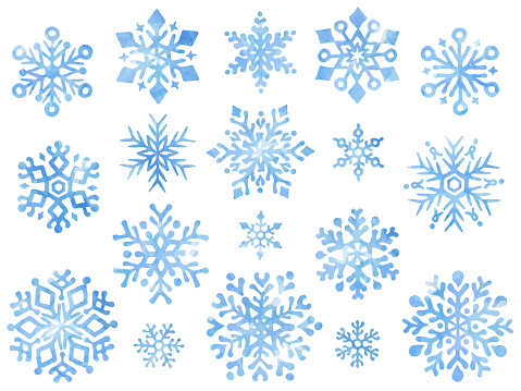 Watercolor style illustration icon set of various snowflakes