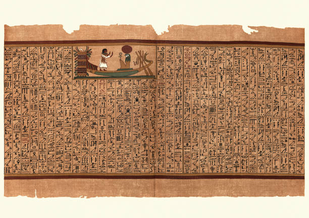 Ancient Egyptian Papyrus, Ani in the Solar Bark Vintage illustration from the Papyrus of Ani a papyrus manuscript in the form of a scroll with cursive hieroglyphs and color illustrations that was created c. 1250 BCE, during the Nineteenth Dynasty of the New Kingdom of Ancient Egypt.  Ani in the Solar Bark, adoring the Sun God africa antique old fashioned engraving stock illustrations