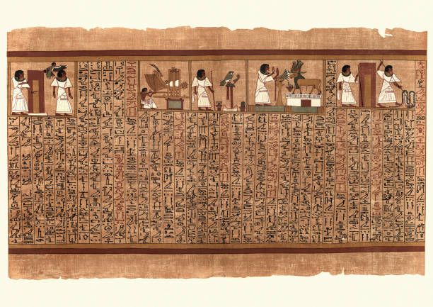 Ancient Egyptian Papyrus, Ani entering a doorway to netherworld Vintage illustration from the Papyrus of Ani a papyrus manuscript in the form of a scroll with cursive hieroglyphs and color illustrations that was created c. 1250 BCE, during the Nineteenth Dynasty of the New Kingdom of Ancient Egypt.  Ani entering a doorway, on the other side of which is his shade accompanied by his soul.  Ani offering before the model of the Divine Bark of Osiris Seker.  Ani entering Amenta (the nether world).  Ani before an altar with vase and lotus flower, adoring the god Osiris in the form of a ram crowned withe the triple crown ancient egyptian gods stock illustrations