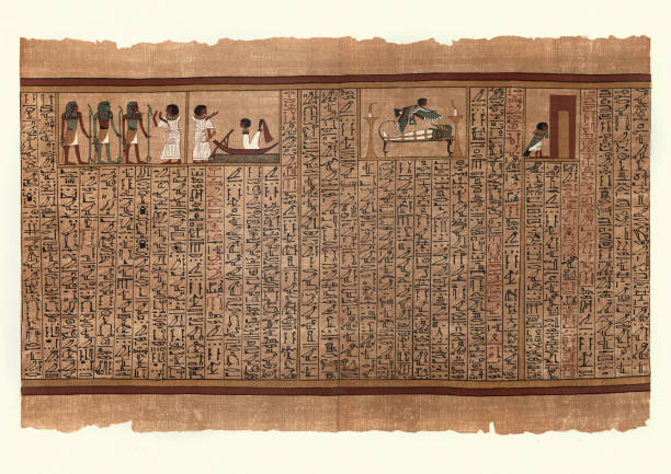 ilustrações de stock, clip art, desenhos animados e ícones de ancient egyptian papyrus, ani adoring a triad of gods - death bed illustration and painting engraving