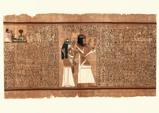 Ancient Egyptian Papyrus, Ani and his wife Vintage illustration from the Papyrus of Ani a papyrus manuscript in the form of a scroll with cursive hieroglyphs and color illustrations that was created c. 1250 BCE, during the Nineteenth Dynasty of the New Kingdom of Ancient Egypt.  Ani adoring the Sun god in his bark, Ani and his wife.  Text, Hymn to Ra and Litany to Osiris ancient egyptian art stock illustrations