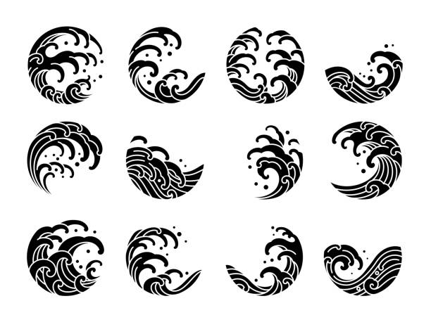 Set of water wave tattoo oriental style vector. Set of Japanese water wave tattoo oriental silhouette style vector illustration. wave water silhouettes stock illustrations